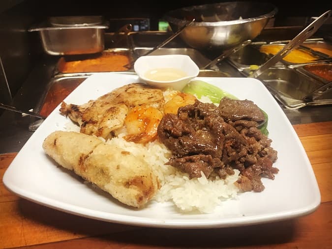 Grilled Chicken & Beef & Shrimp & Spring Roll Rice Plate